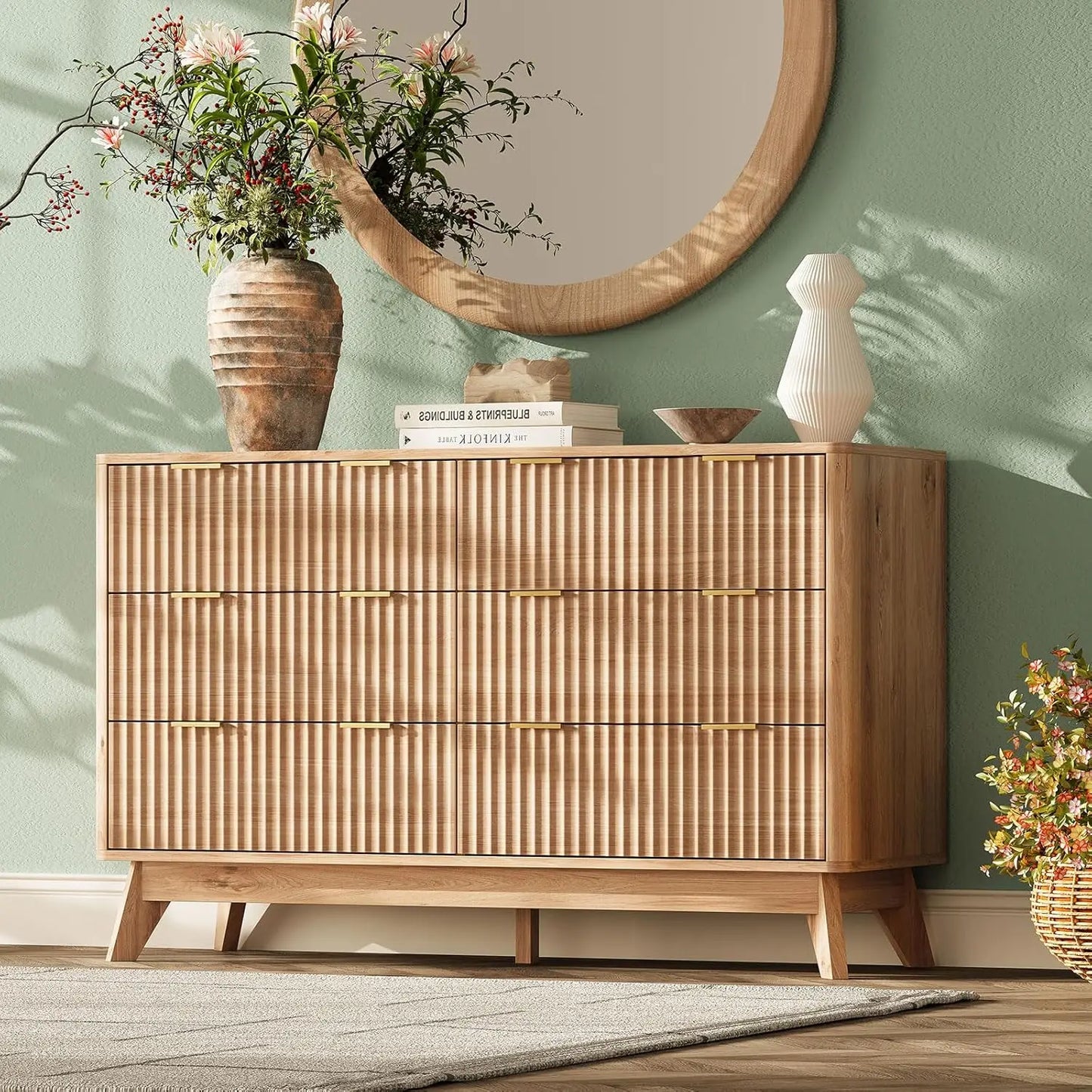 63'' Wide 9 Drawer Dresser Modern Fluted Vertical Chest Rounded Corners Bedroom Living Room Hallway Natural Wood, Customized