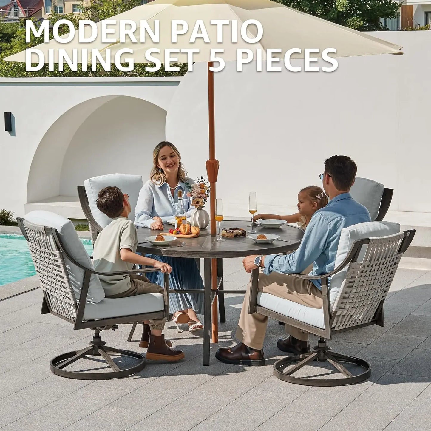 5-Piece Outdoor Patio Dining Set, 4pcs Patio Swivel Rocking Chairs and 38’’ Round Dining Table with 1.65’’ Umbrella, Customized