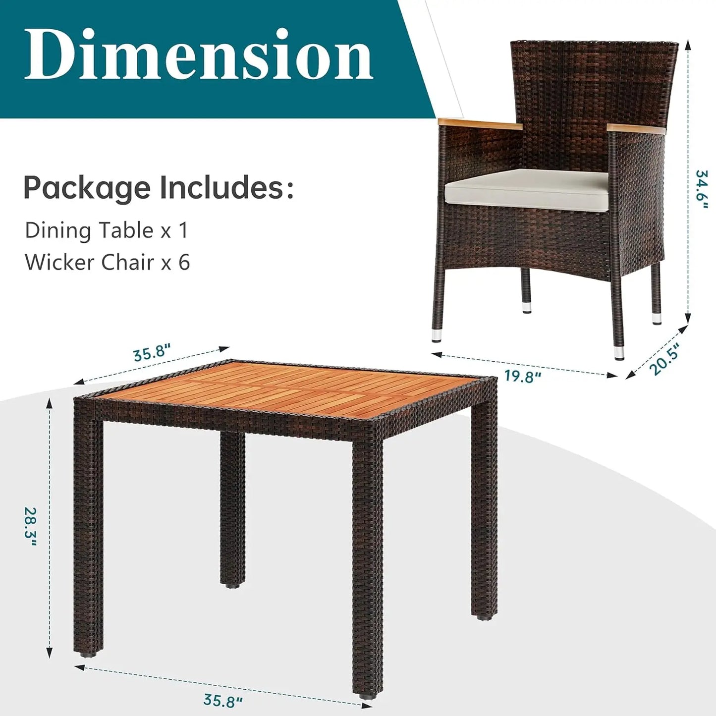 5-Piece Patio Dining Set with Wicker Chairs, Soft Cushions, and Wood Table Top for Backyard, Deck, Garden in Brown Rattan