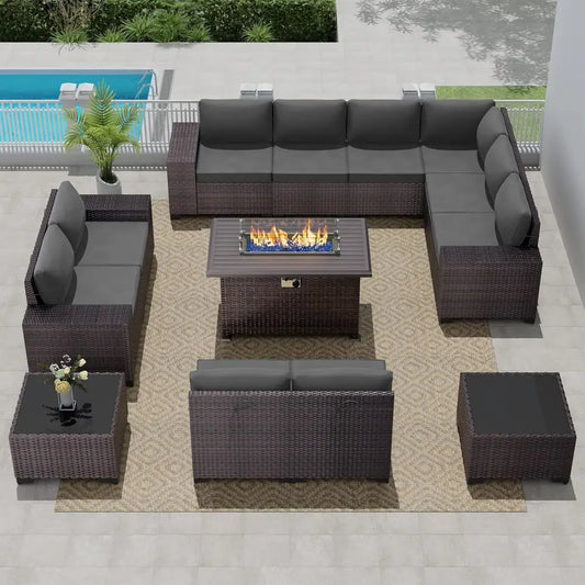 Weather-Resistant PE Rattan Patio Furniture Set With Propane Fire Pit