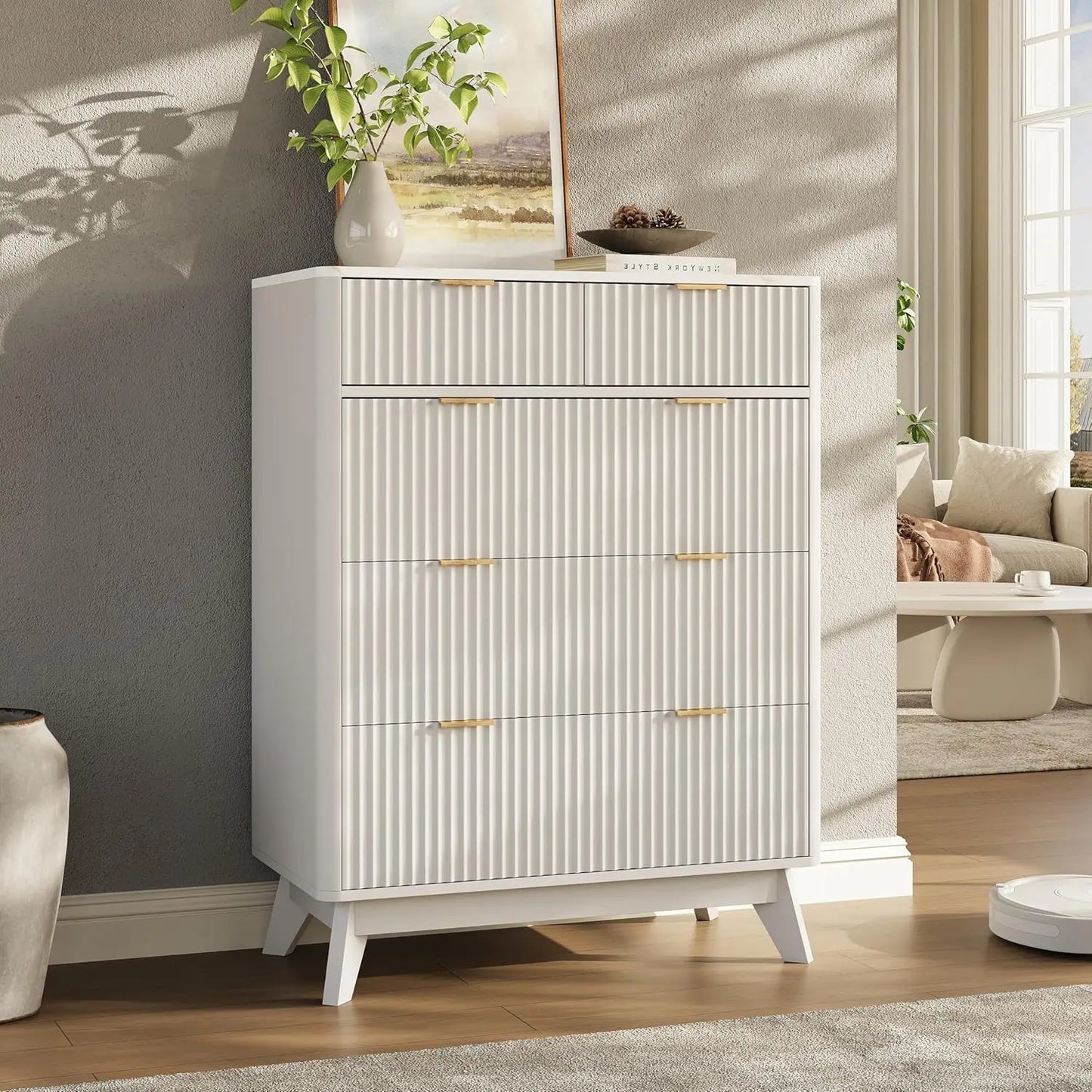 63'' Wide 9 Drawer Dresser Modern Fluted Vertical Chest Rounded Corners Bedroom Living Room Hallway Natural Wood, Customized