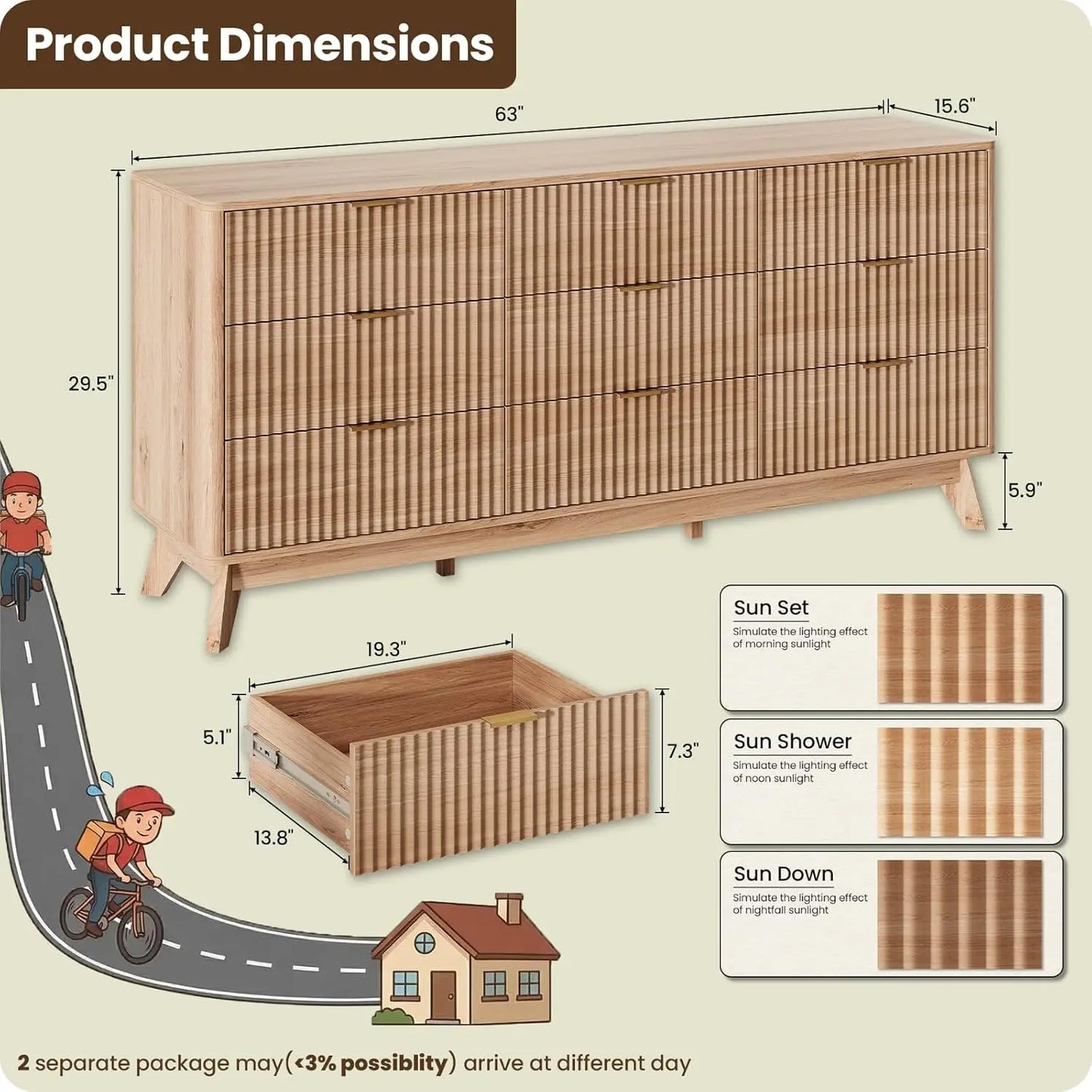 63'' Wide 9 Drawer Dresser Modern Fluted Vertical Chest Rounded Corners Bedroom Living Room Hallway Natural Wood, Customized