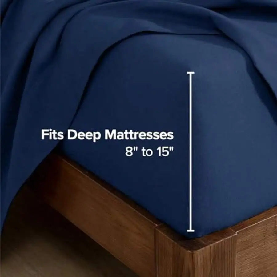 Flannel Fitted Sheet 100% Cotton Double Brushed Heavyweight Deep Pocket Queen Dark Blue