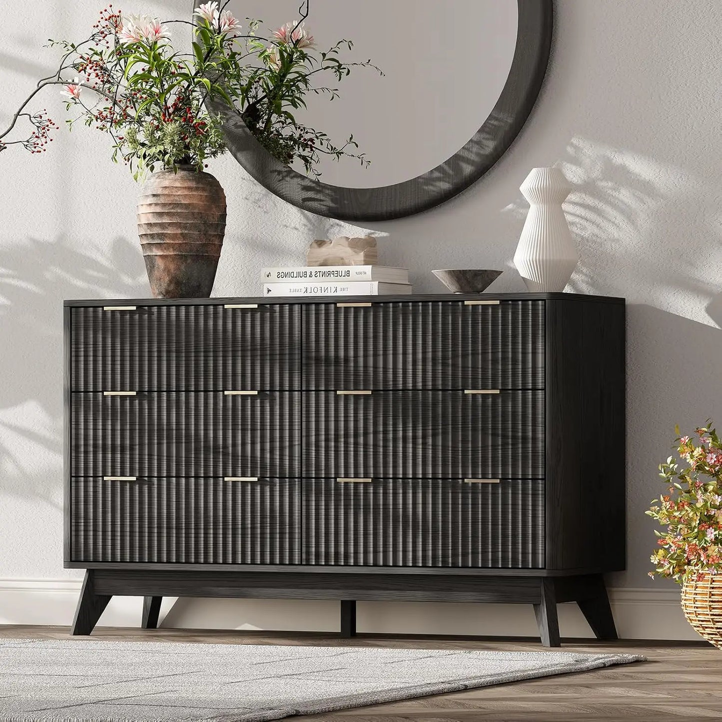 63'' Wide 9 Drawer Dresser Modern Fluted Vertical Chest Rounded Corners Bedroom Living Room Hallway Natural Wood, Customized