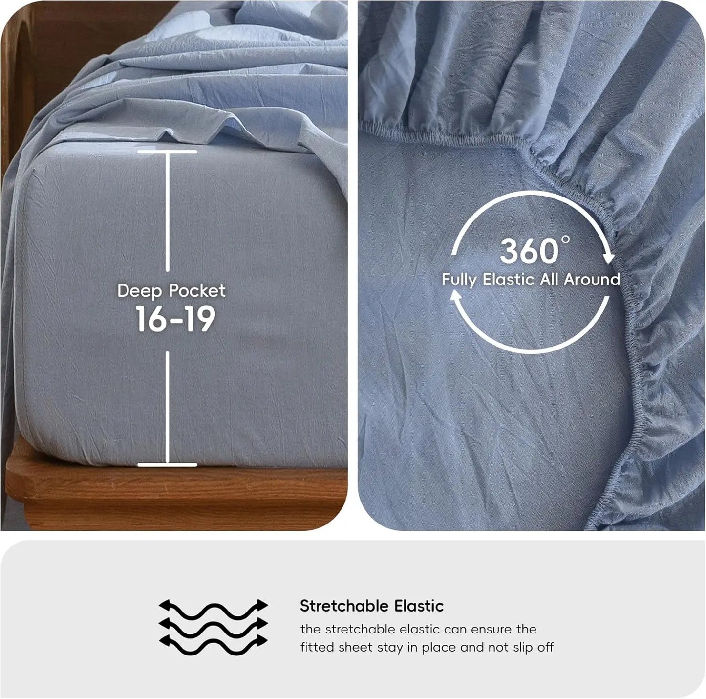 100% Washed Cotton Sheet Set - Linen Texture, Breathable, Soft, Queen, Cornflower Blue