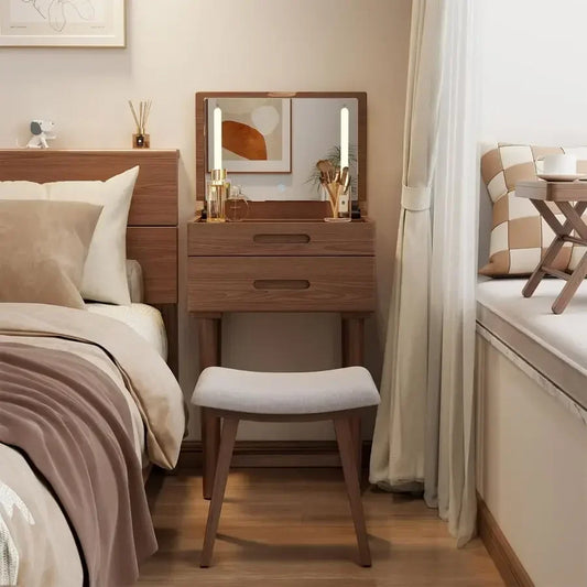 Wood Small Vanity Desk with Mirror and Lights, Narrow Makeup Vanity for Small Space, Flip Top Vanity Side Table, 3 Color Modes
