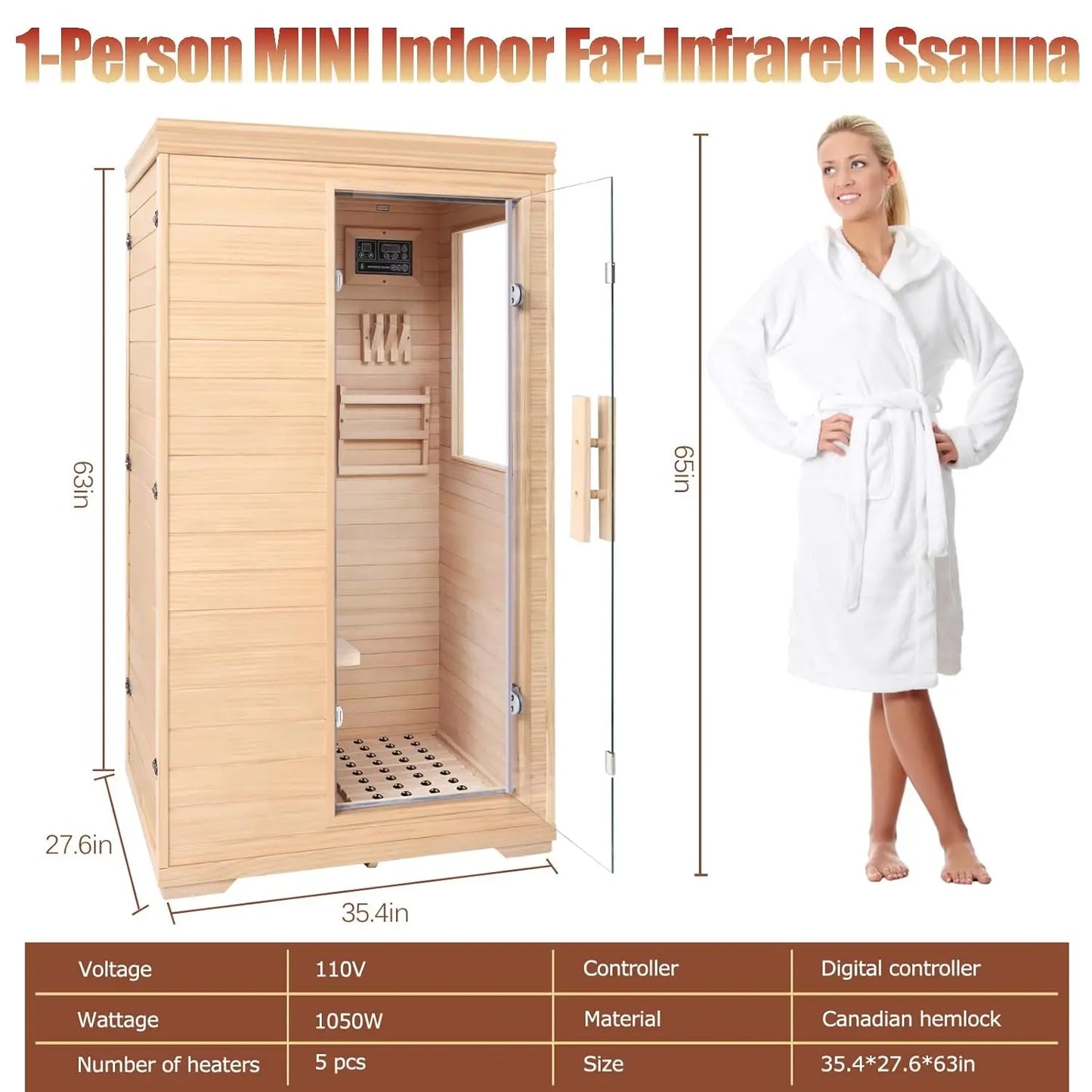 1-Person Low EMF Far Infrared Sauna for Home Use, 1050W Canadian Hemlock Wood Sauna with Bluetooth Music & Color, Customized