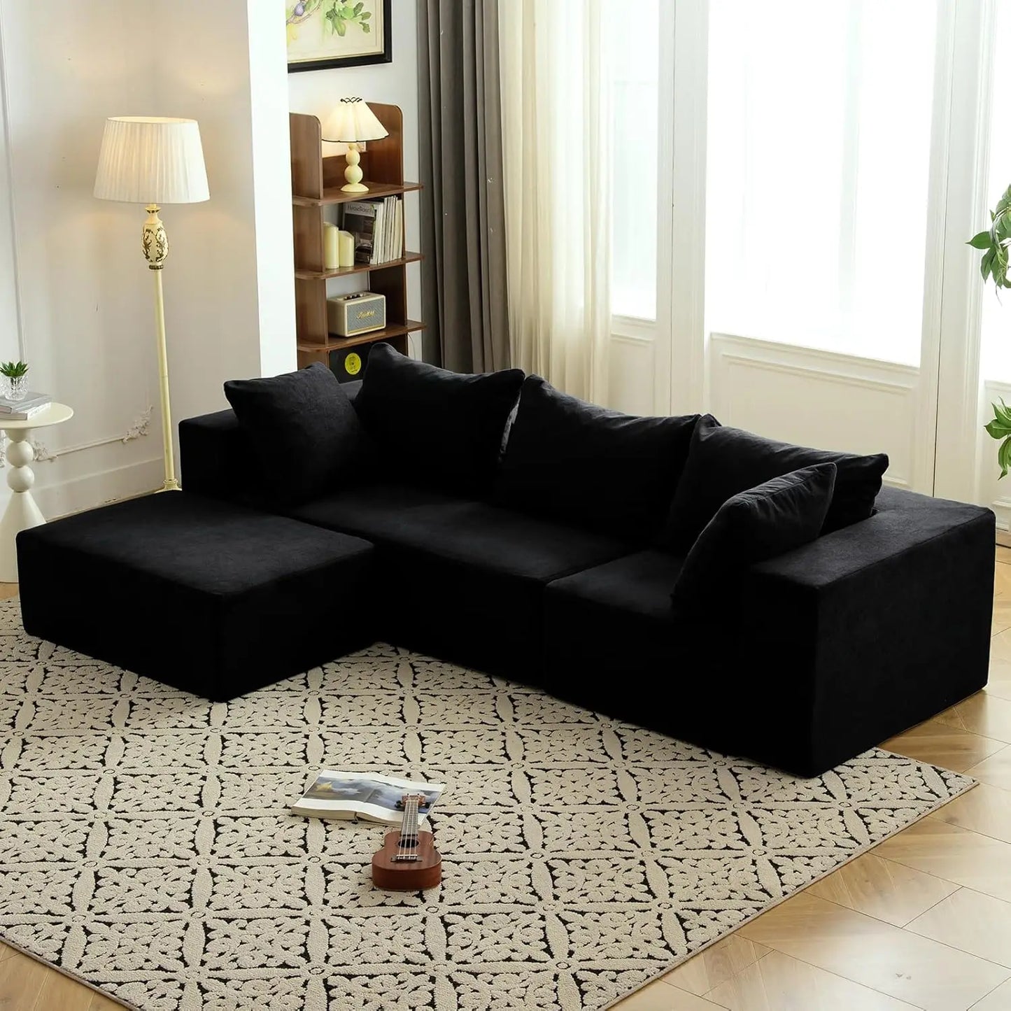 Modern L-Shaped Sectional Sofa with Deep Seat, No Assembly Required, Black - Perfect for Living Room, Bedroom, Office