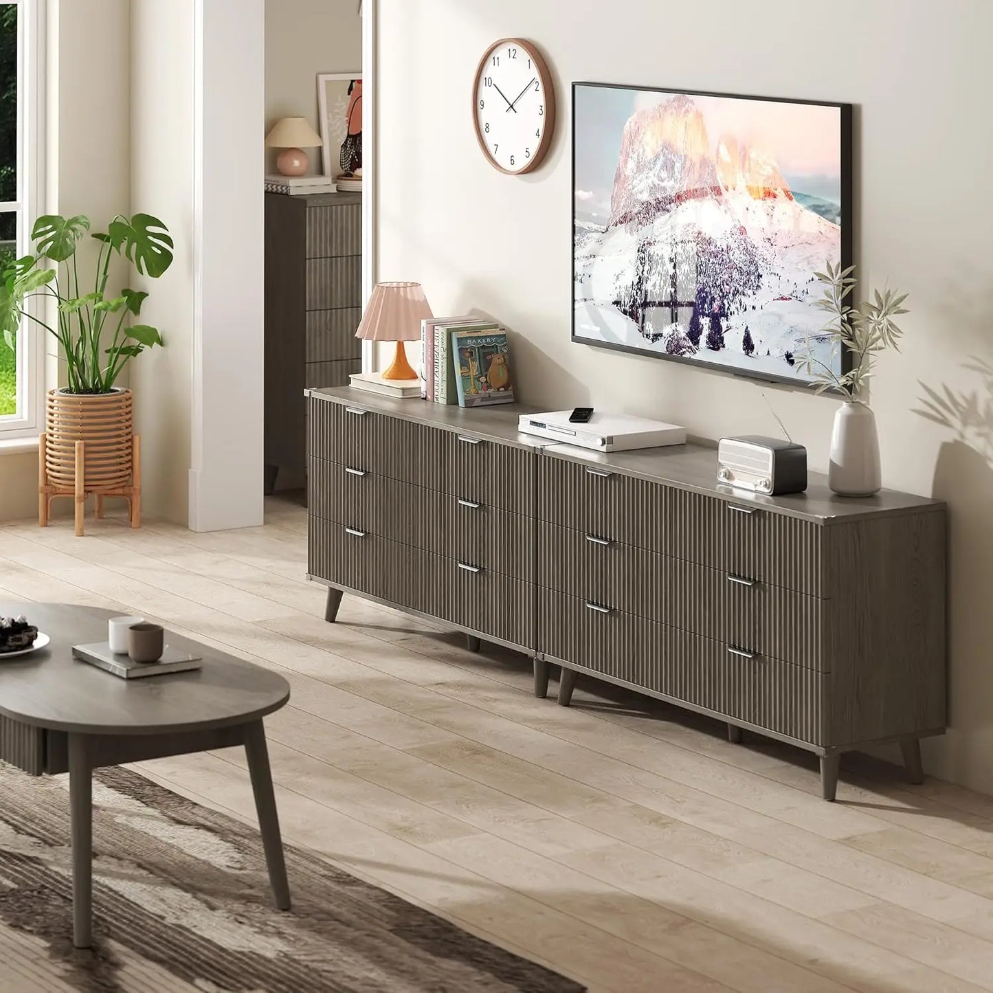 6-Drawer Fluted Wood Dresser Storage Organizer for Bedroom Living Room Closet Hallway 53.2in Dark Grey Oak, Customized