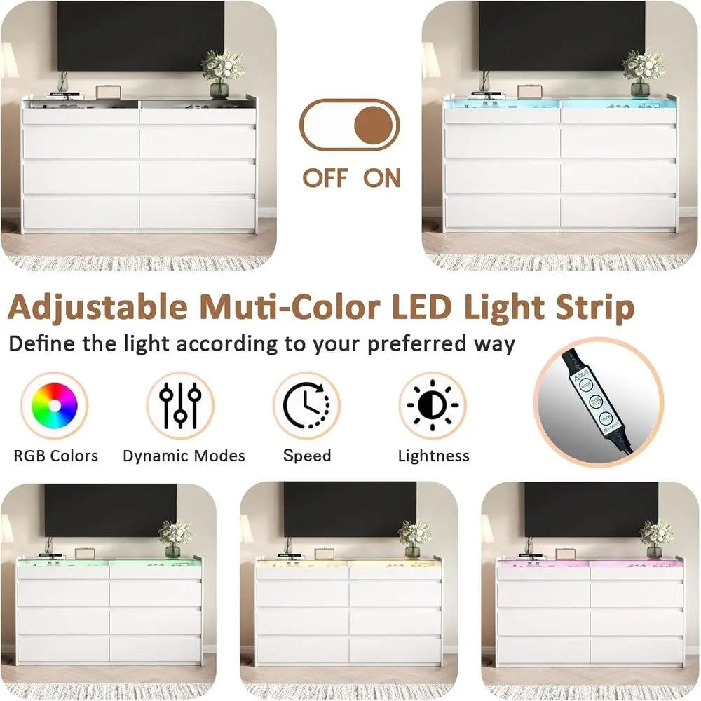 8-Drawer Dresser with Glass Top and LED Lighting for Bedroom, Storage, and Living Room