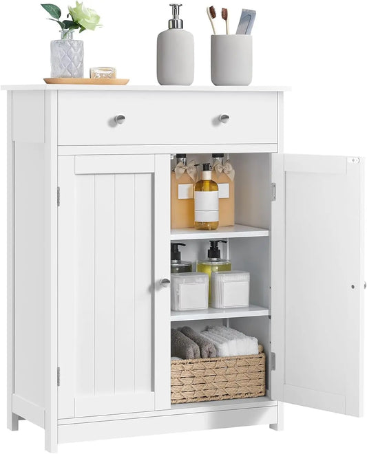 Bathroom Storage Cabinet with Drawer and Doors, White Wooden Floor Cabinet for Living Room, Entryway, Small Spaces