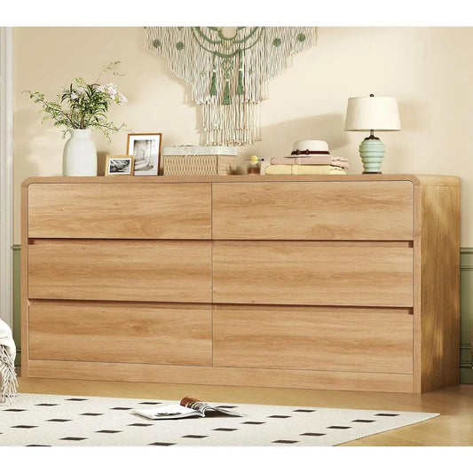 55 Curved Profile 6-Drawer Bedroom Dresser with Chests, Suitable for Natural Wood Finish