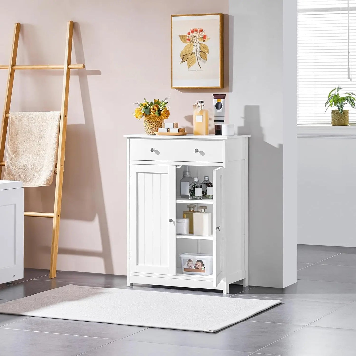 Bathroom Storage Cabinet with Drawer and Doors, White Wooden Floor Cabinet for Living Room, Entryway, Small Spaces
