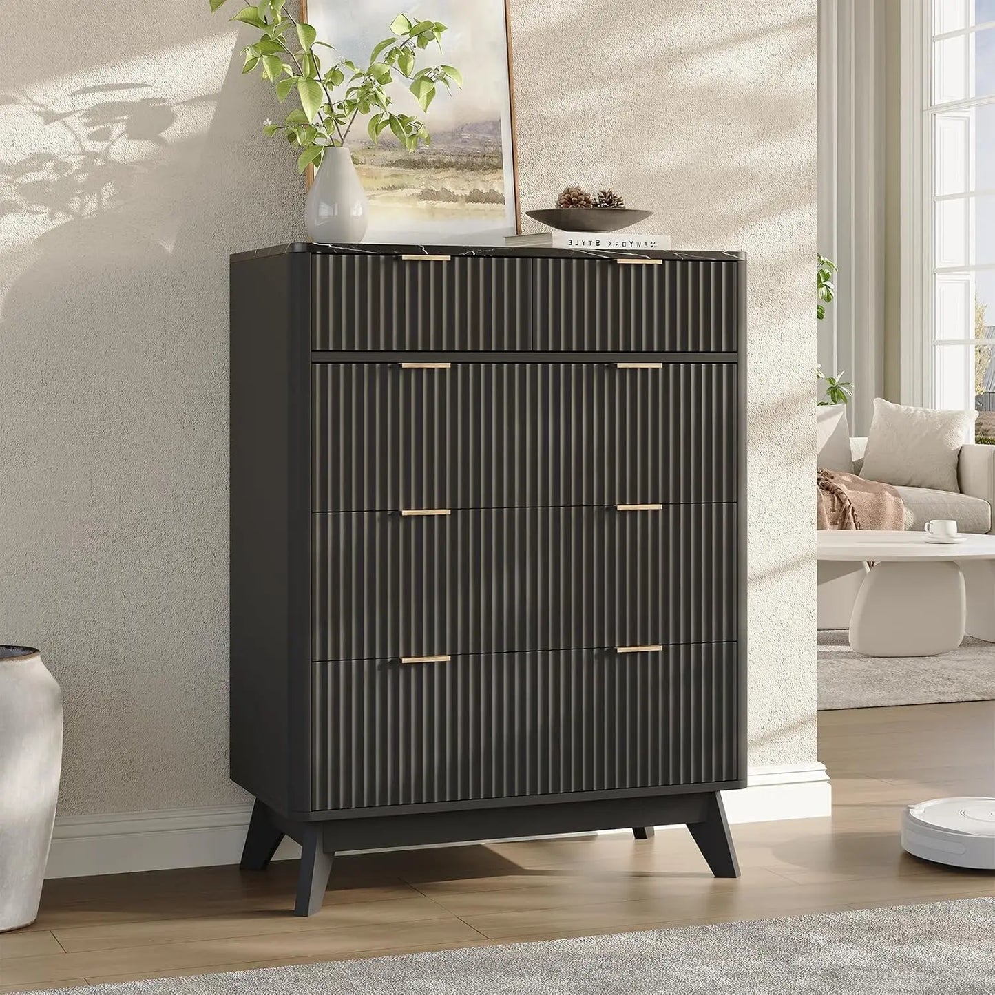 63'' Wide 9 Drawer Dresser Modern Fluted Vertical Chest Rounded Corners Bedroom Living Room Hallway Natural Wood, Customized