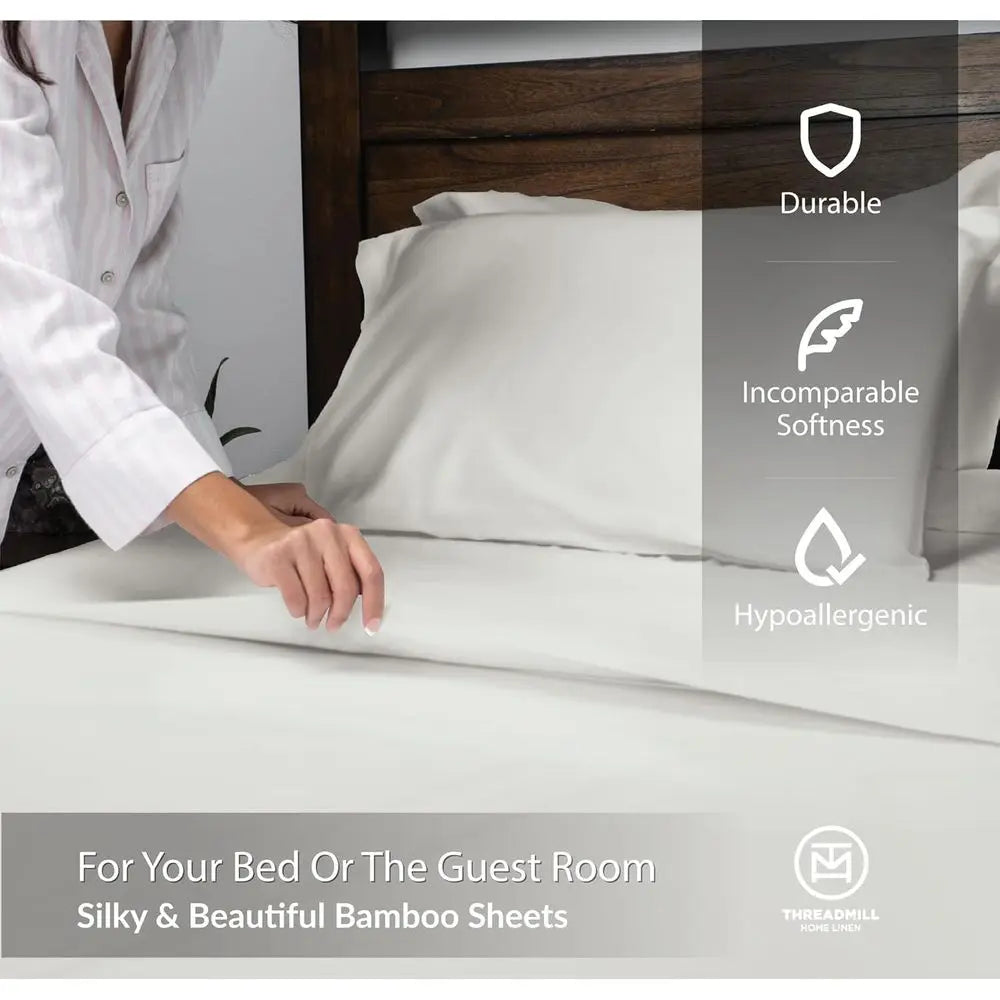 Queen Size Bamboo Sheet Set - 4-Piece Viscose, Light Grey, Silky Soft, Cool & Breathable, 16 Deep Pocket, Moisture Wicking & Coo