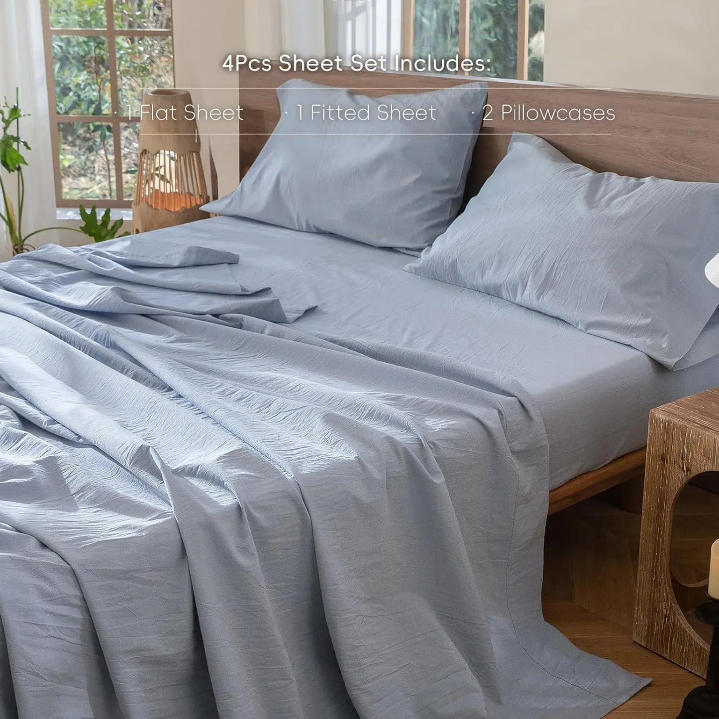 100% Washed Cotton Sheet Set - Linen Texture, Breathable, Soft, Queen, Cornflower Blue