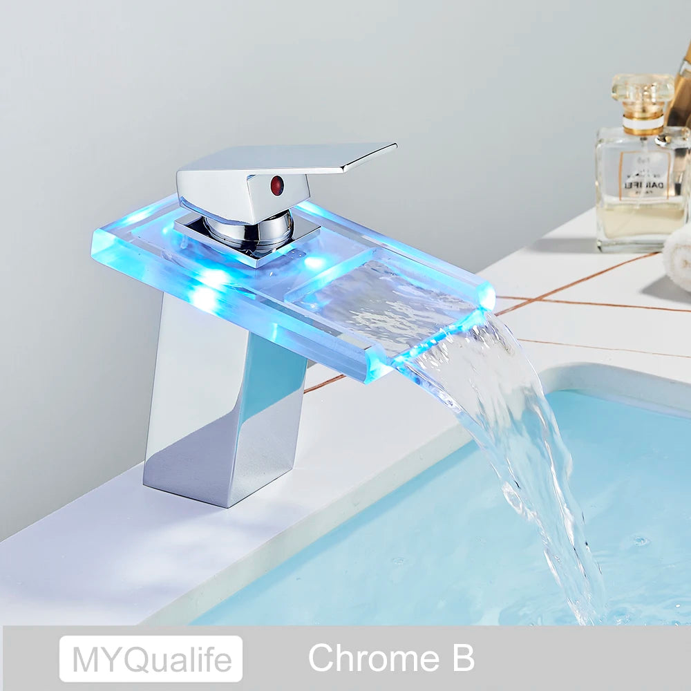 Luxury LED Color Changing Waterfall Basin Sink Faucet Single Handle Deck Mounted Hot and Cold Mixer Taps