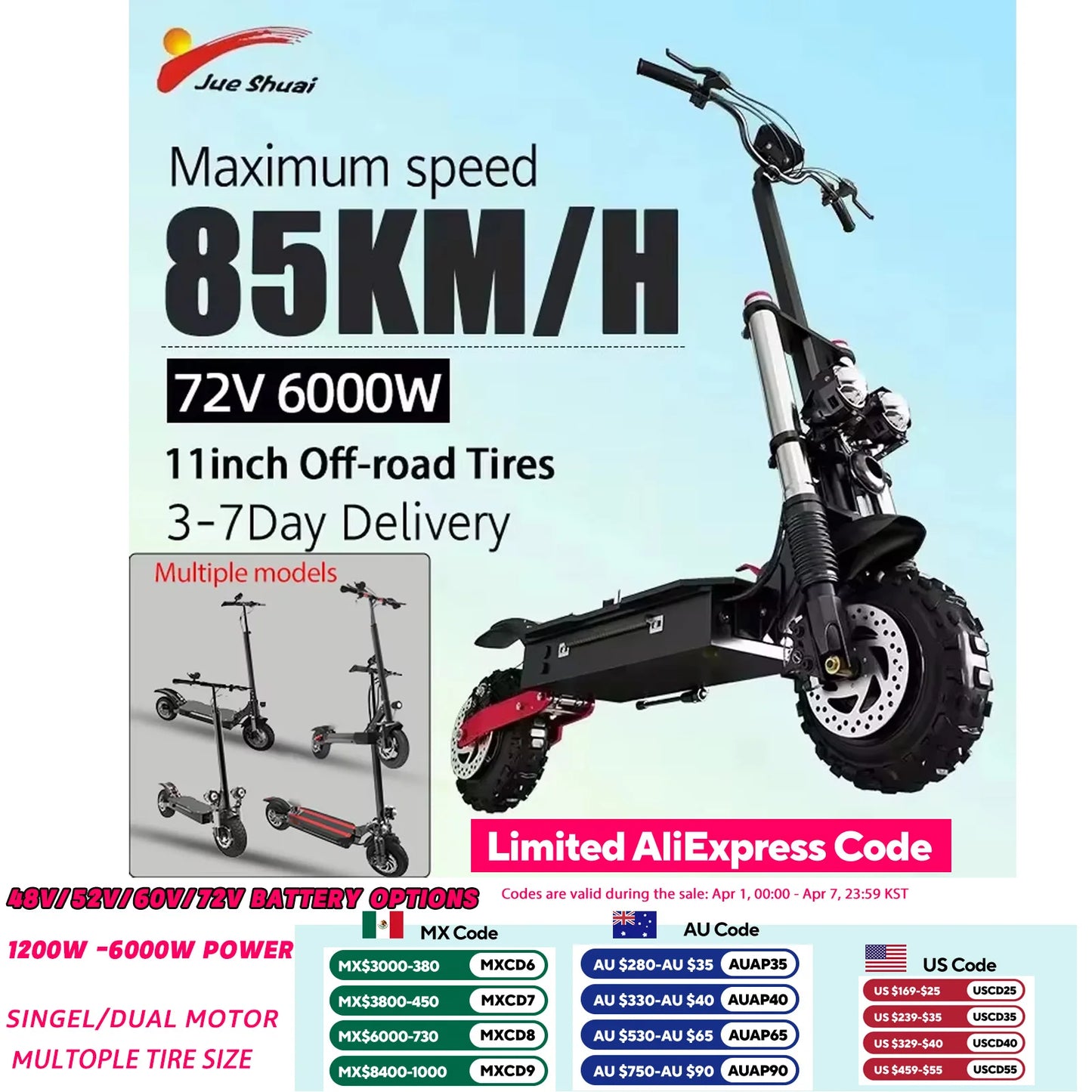 Jueshuai Outdoor Electric Scooter 1000W Off Road Foldable