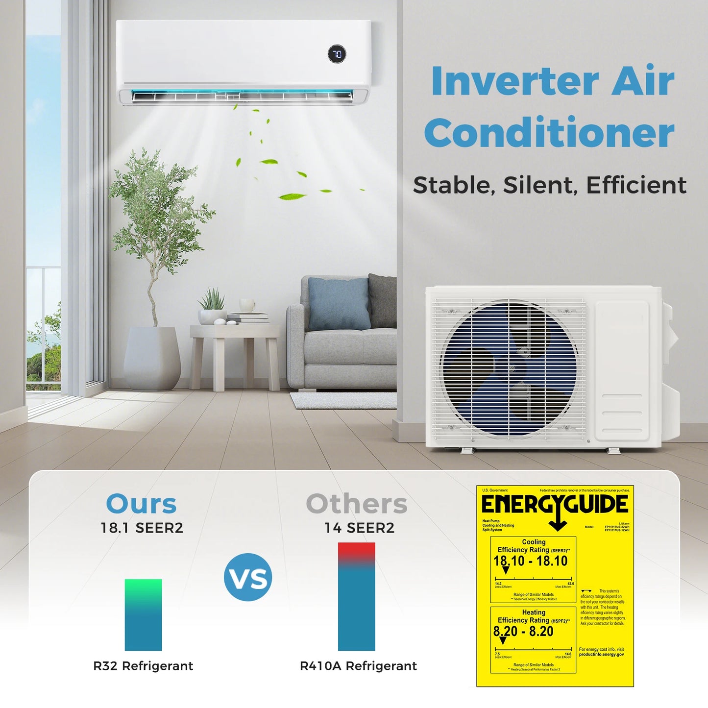 18000 BTU Mini Split Air Conditioner & Heater, 208/ 230V 18. 1 SEER2 Wifi Enabled
