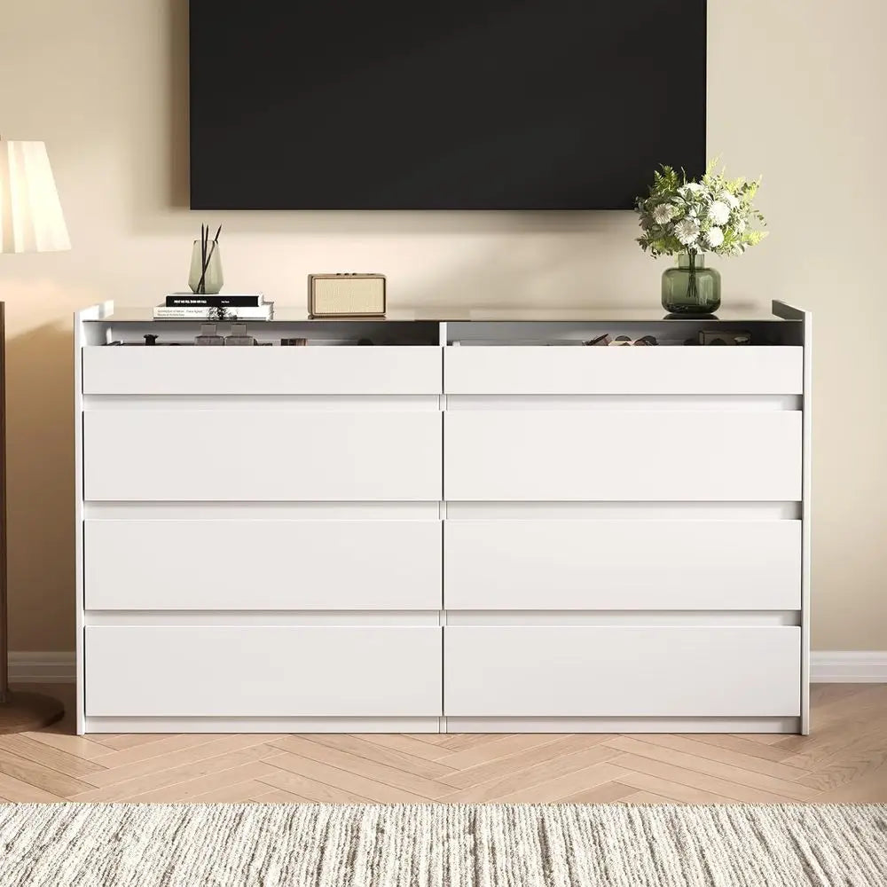 8-Drawer Dresser with Glass Top and LED Lighting for Bedroom, Storage, and Living Room