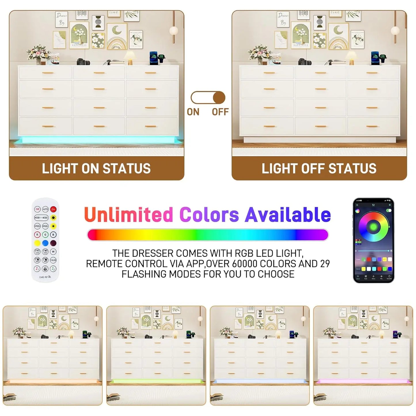 12 Drawer Dresser with Power Outlets LED Lights 63inch Tall Wood Storage for Bedroom Closet, Customized