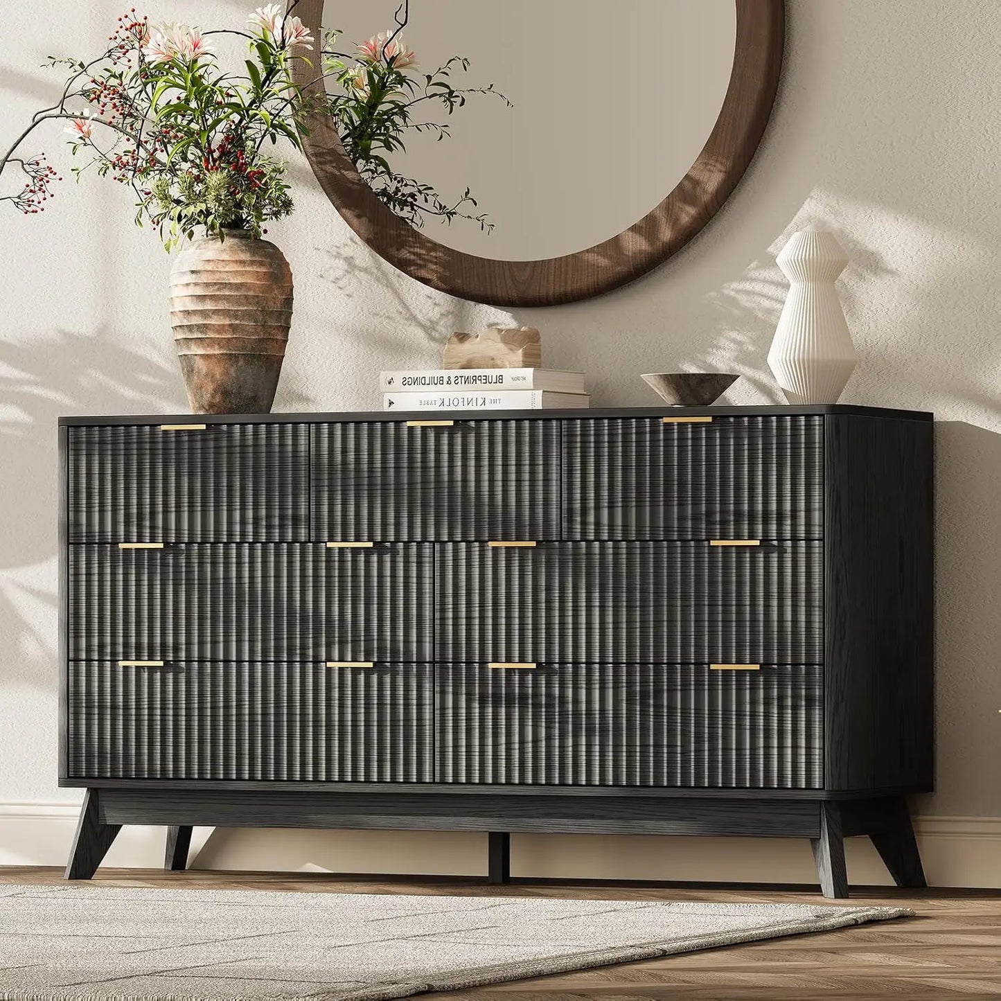 63'' Wide 9 Drawer Dresser Modern Fluted Vertical Chest Rounded Corners Bedroom Living Room Hallway Natural Wood, Customized