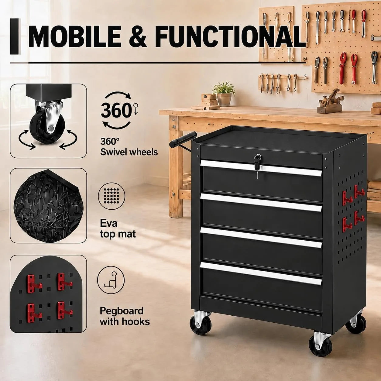 4 Drawer Rolling Tool Chest Portable Carbon Steel Storage Organizer