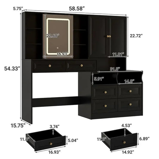 58.6 Large Vanity Desk with Sliding Mirror amp Lights, Black Makeup Vanity Table amp Nightstand Combo with Power Outlet and 6 D